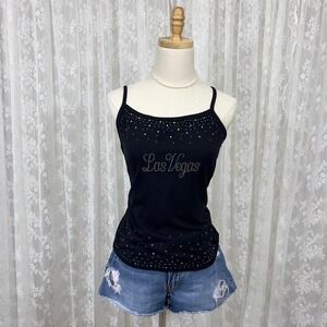 Y2K Rhinestone Las Vegas‎ Cami Tank Top Women's L Basix Brat Style